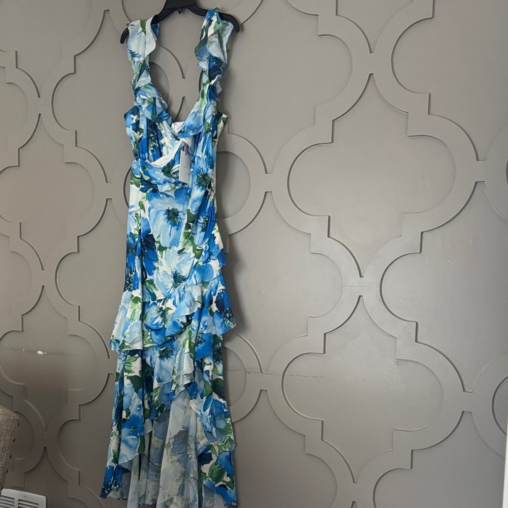 Alex Marie Blue & White Floral Ruffle Maxi Dress with Green Accents